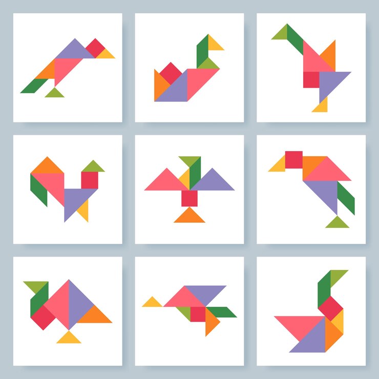 Vector tangram puzzle game for kids colorful geometric collection with isolated birds