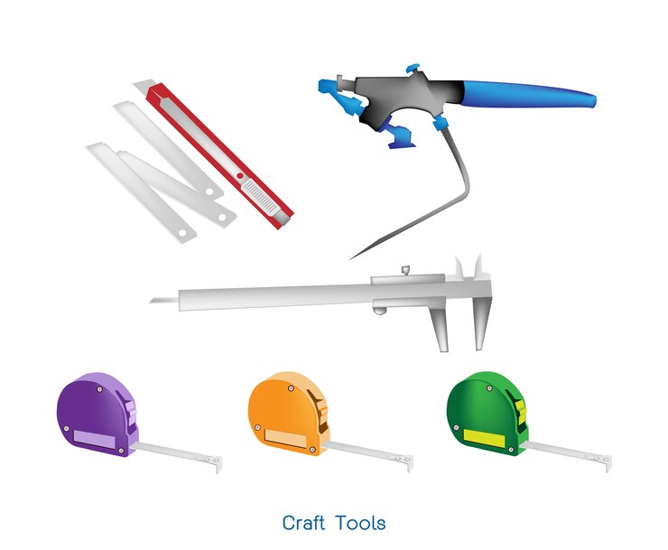 Vector tape measure, airbrush, caliper and paper knife