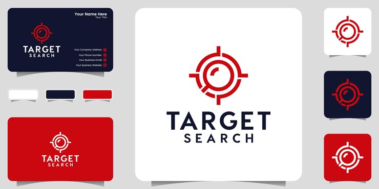 Target search logo inspiration, magnifying glass and target focus template and business card design
