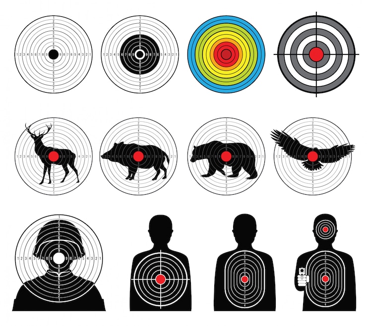Vector target untuk menembak dengan siluet manusia dan hewan ditetapkan