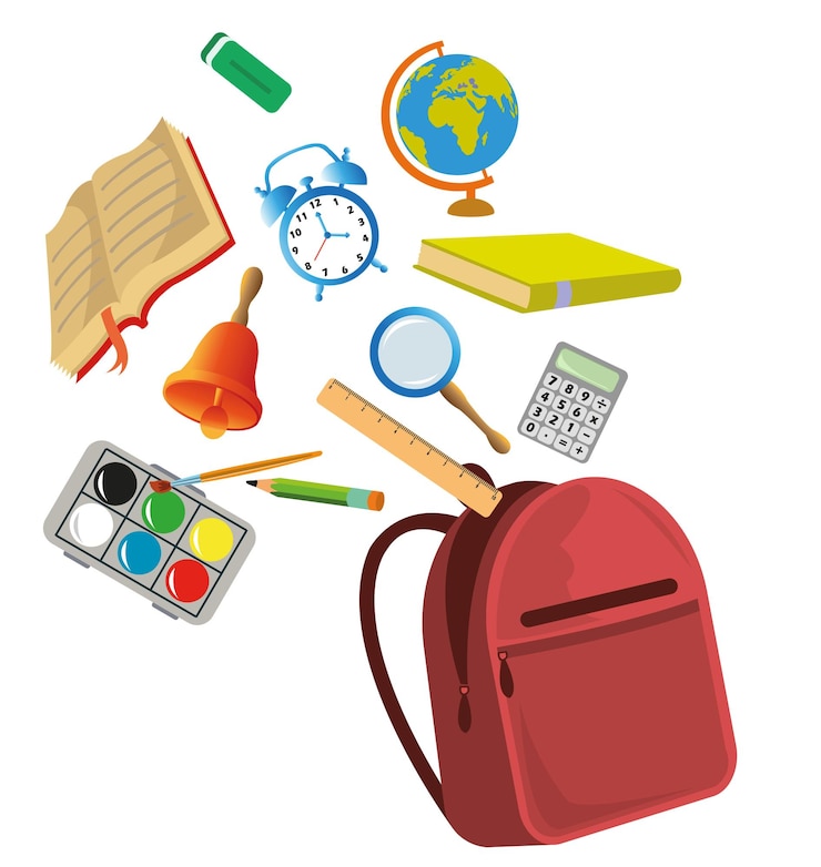 Vector tas sekolah buku kalkulator jam pena penggaris cat