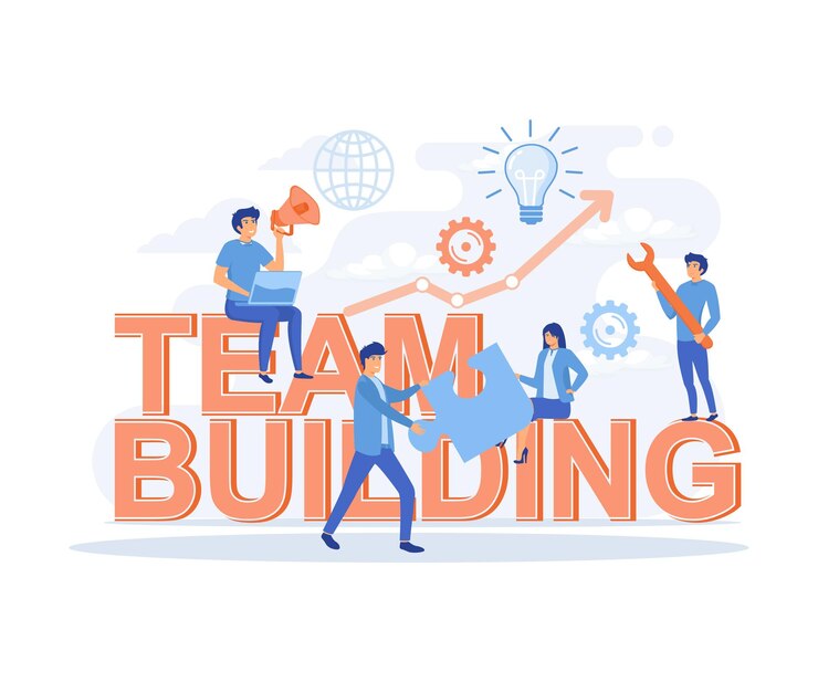 Vector team building concept group of people gather and work together to get good business results flat vector modern illustration