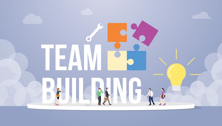 Vector team building concept with big word text and puzzle with team people office company and light bulb