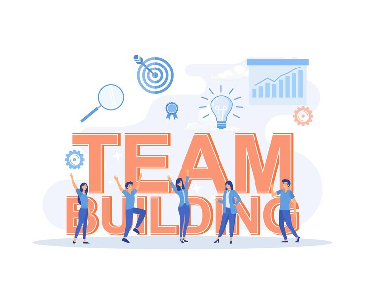 Vector team building people business concept big words and people surrounded by related icon flat vector modern illustration