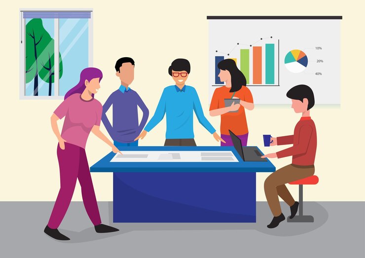 Vector team of people working together brainstorm a marketing strategy with the leader explaining the operation steps vector illustration