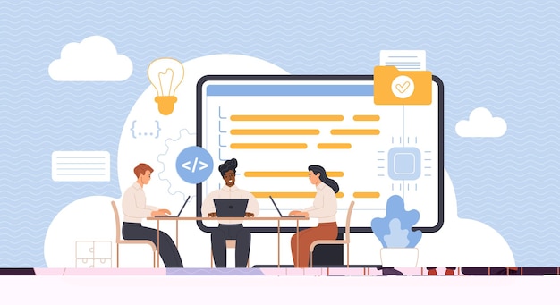 Team of software developers working together on a project with a large screen displaying code and design elements