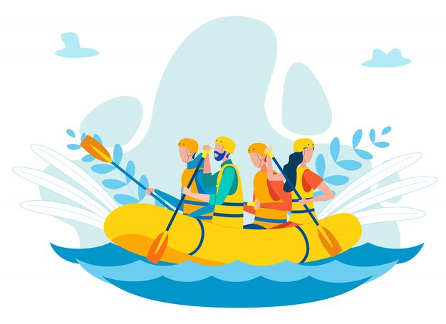 Team Paddling in Inflatable Boat Flat Illustration