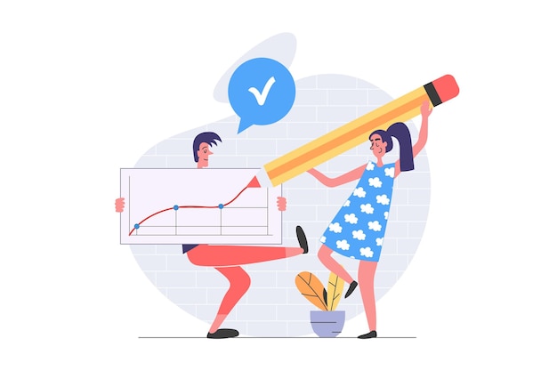 Teamwork concept in modern flat design for web Man and woman cooperating communicating and doing project task together working with data graph and making chart analysis Vector illustration
