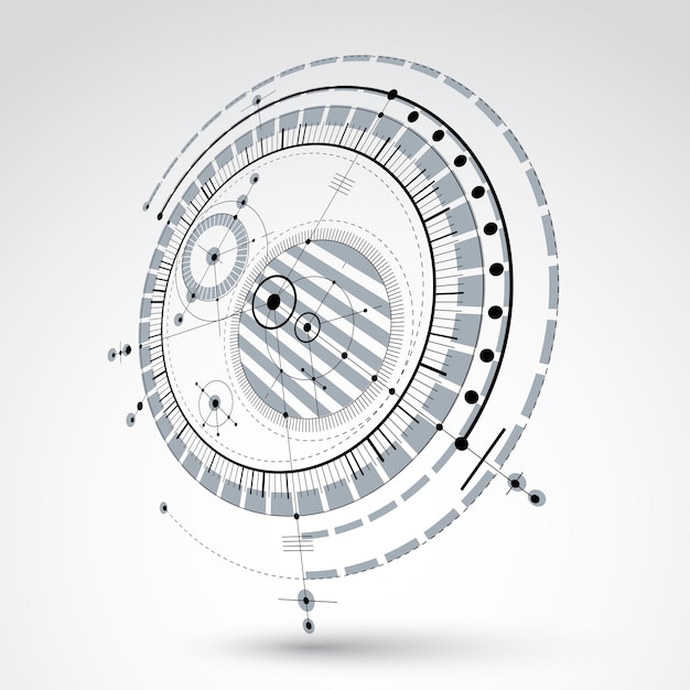 technical blueprint, black and white vector digital background with geometric design elements, circles. 3d illustration of engineering system, perspective abstract technological backdrop.