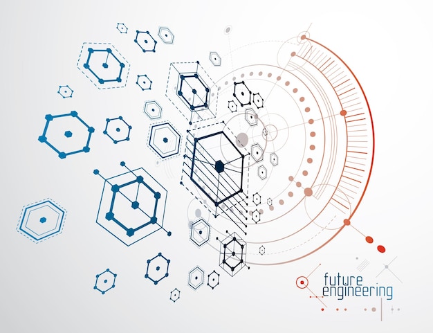 technical plan, abstract engineering draft for use in graphic and web design. vector drawing of industrial system created with hexagons, lines and circles.