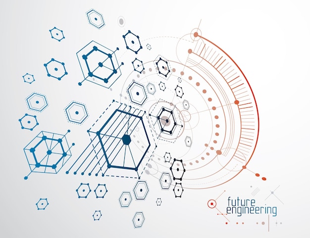 technical plan, abstract engineering draft for use in graphic and web design. vector drawing of industrial system created with hexagons, lines and circles.