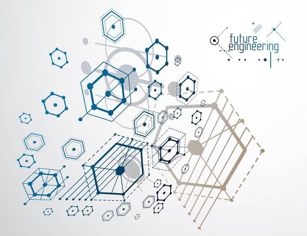 technical plan, abstract engineering draft for use in graphic and web design. vector drawing of industrial system created with hexagons, lines and circles.