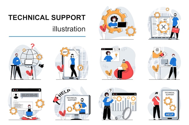 Technical support concept with character situations mega set Vector illustrations