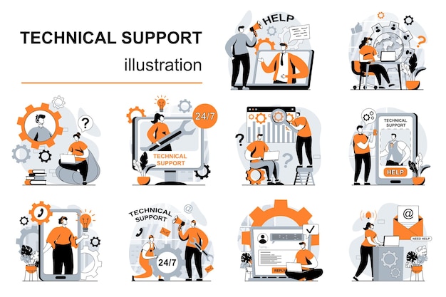 Technical support concept with people scenes set in flat design Vector illustration visual stories