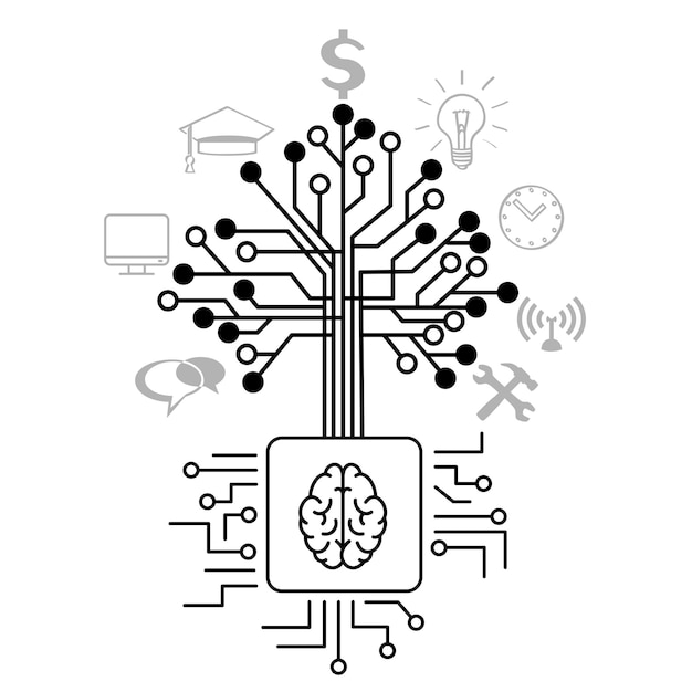 techno tree grow on brain cpu computer chip