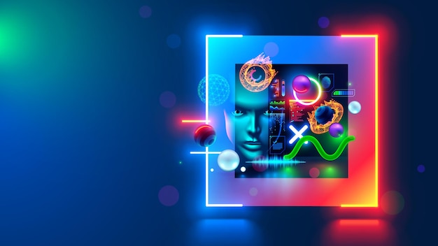 Technology abstract background computer digital futuristic neon square frame with AI face 3d geometric shapes in cyberspace Artificial intelligence head Abstract digital computer tech banner