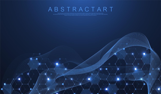technology abstract lines and dots connect background with hexagons. hexagon grid. hexagons connection digital data and big data concept. hex digital data visualization. vector illustration.