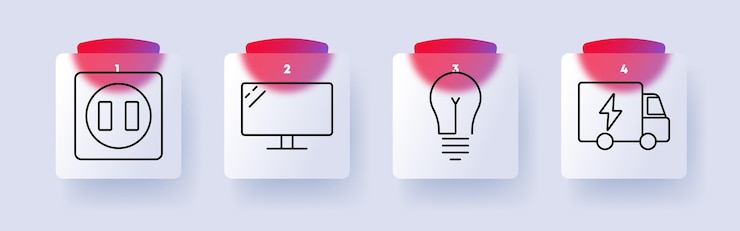 Vector technology and electricity set icon power socket computer monitor light bulb electric truck innovation energy consumption digital devices modern industry