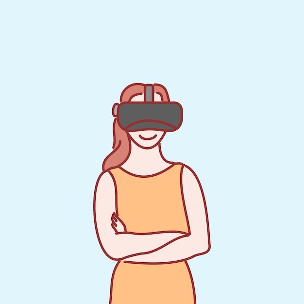 Technology concept. Young happy smiling excited woman cartoon character standing with vr glasses gog