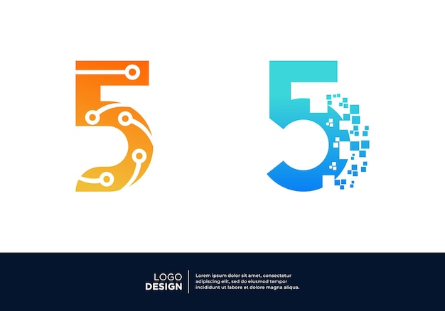 Technology digital initial Number 5 logo design