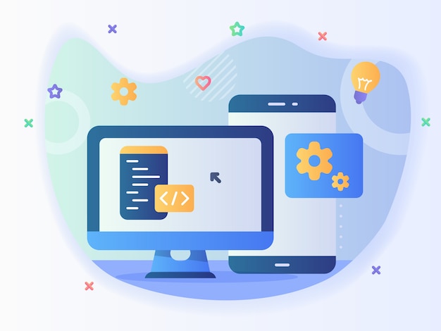 Technology engineer app website program development software concept with code and computer with modern icon style - vector