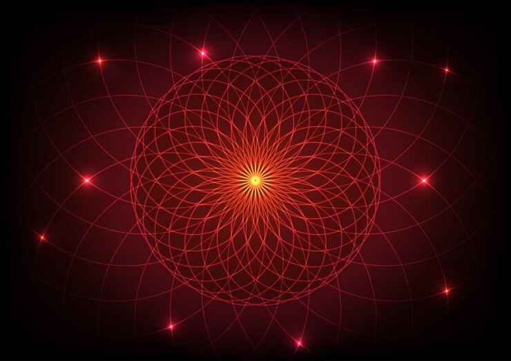 Technology red line flower link connecting world circle dark background