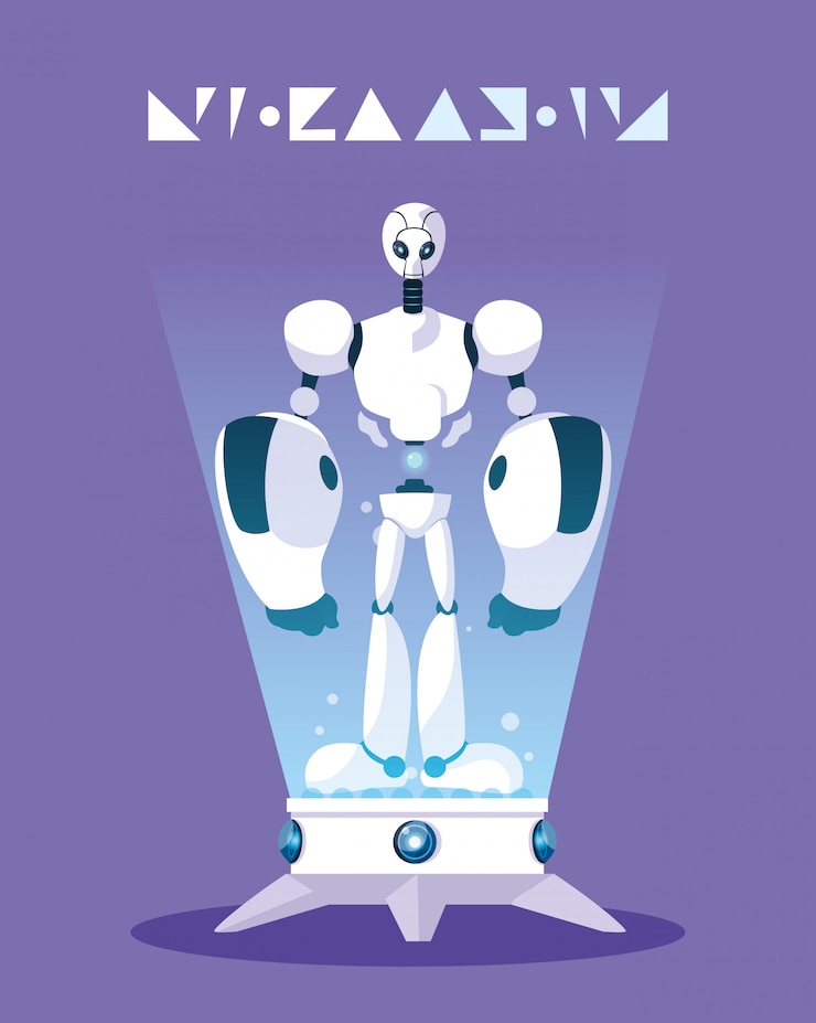 Vector technology robot cartoon over purple