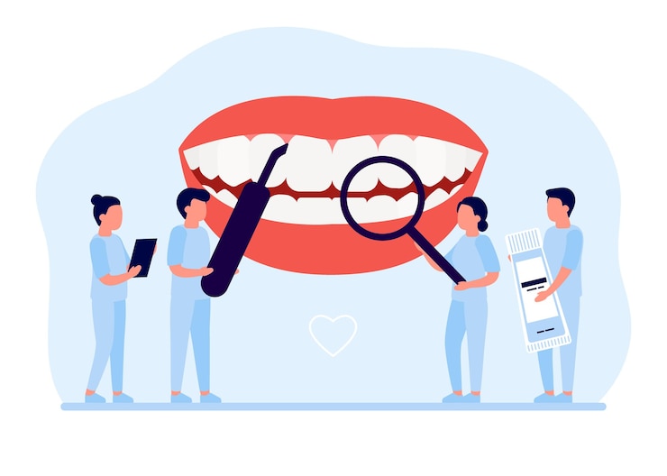 Vector teeth cleaning and whitening checkup by dentist oral hygiene prevention of dental diseases