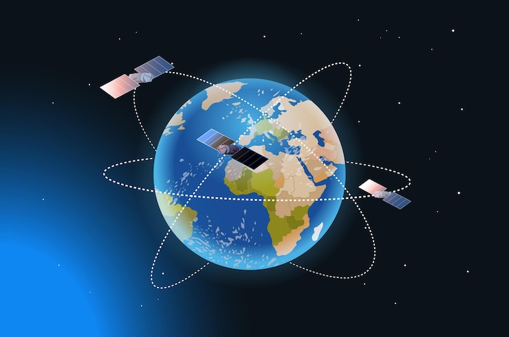 Vector teknologi astronautika eksplorasi ruang angkasa, satelit observasi terbang penerbangan luar angkasa orbital di sekitar bumi pesawat ruang angkasa di kosmos