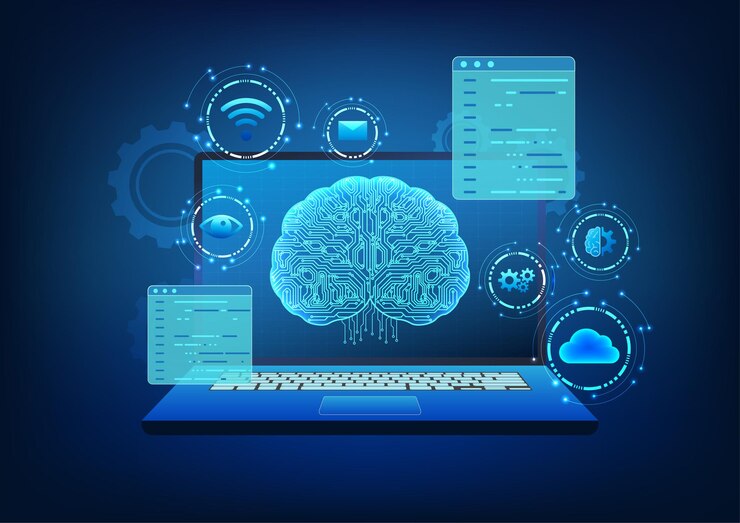 Vector teknologi kecerdasan buatan. sirkuit otak dalam komputer dengan data yang menyertainya