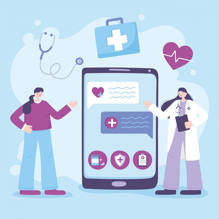 Vector telemedicine, smartphone medical practitioner give consultation, online discussion with patient