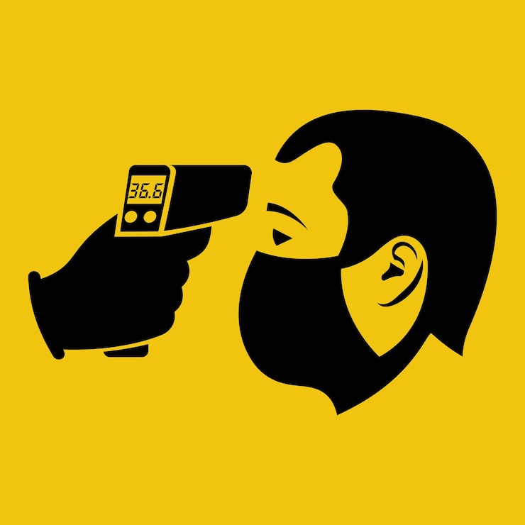 Vector temperature check black icon doctor holding a noncontact thermometer in hand