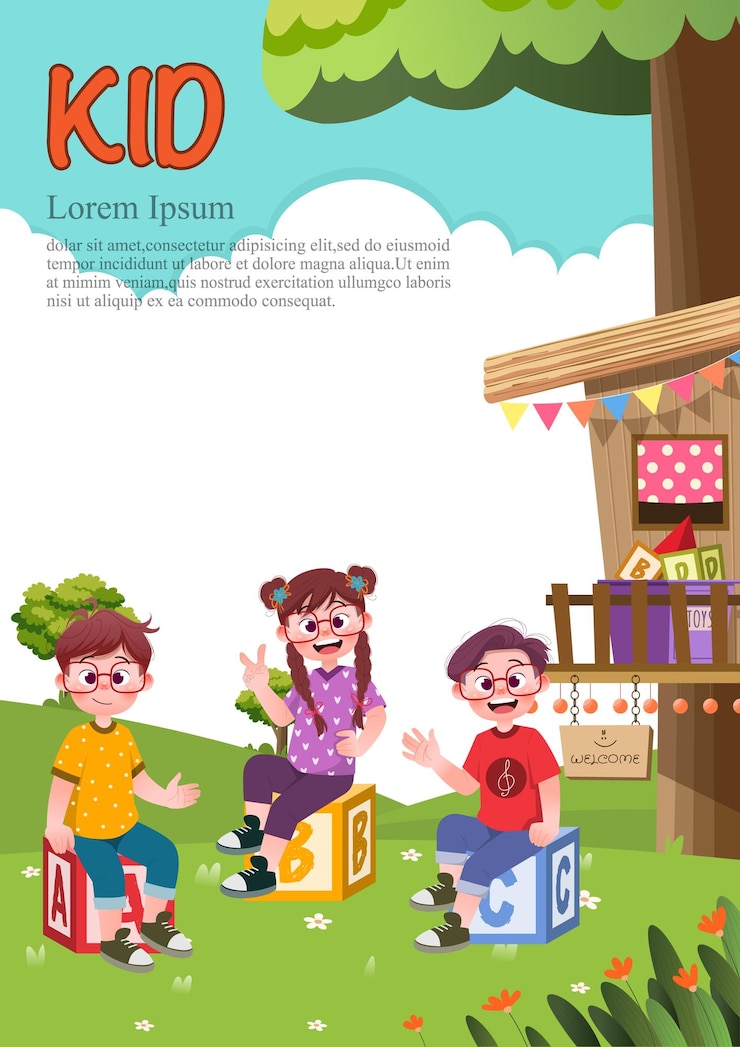 Vector templat anak-anak lucu bermain di luar untuk brosur iklan yang siap untuk teks anda, latar belakang poster, situs web dengan gaya gambar anak-anak