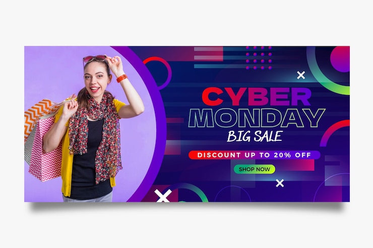 Vector templat banner horizontal gradien untuk obral cyber monday