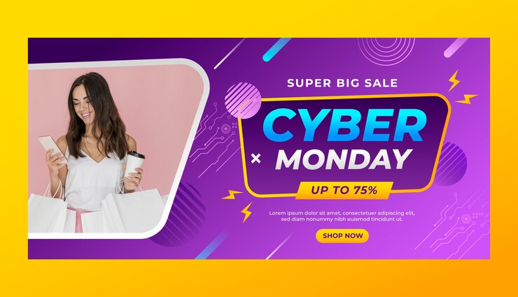 Vector templat banner horizontal gradien untuk obral cyber monday