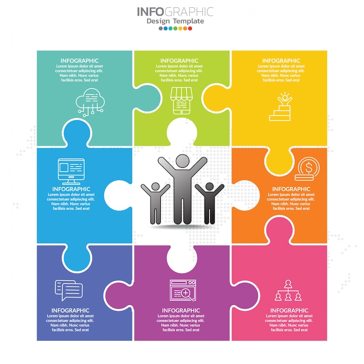 Templat desain infografis teka-teki dengan opsi, diagram proses.