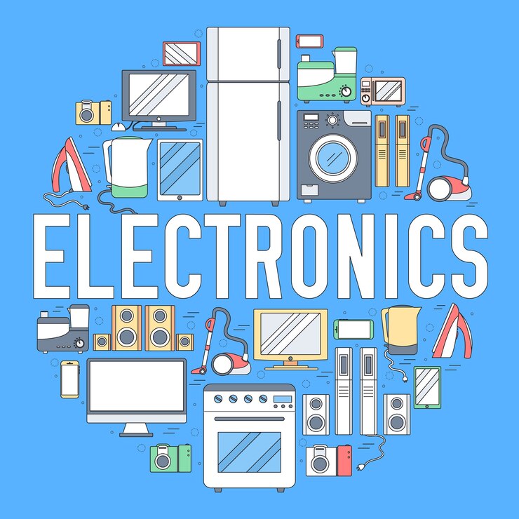 Vector templat infografis lingkaran peralatan elektronik rumah tangga. ikon untuk produk atau aplikasi anda.