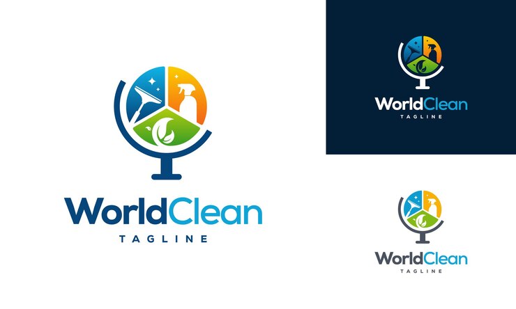 Vector templat logo world clean eco, konsep desain logo global clean, logo layanan kebersihan