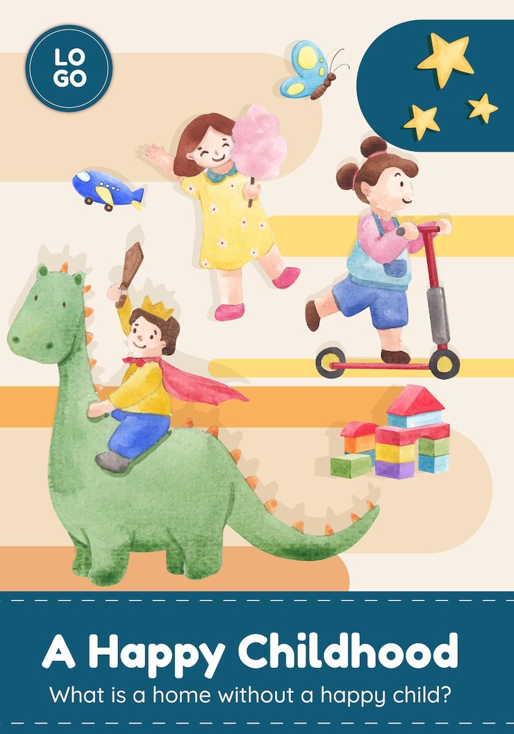Vector templat poster dengan konsep anak-anak bahagia, gaya cat air