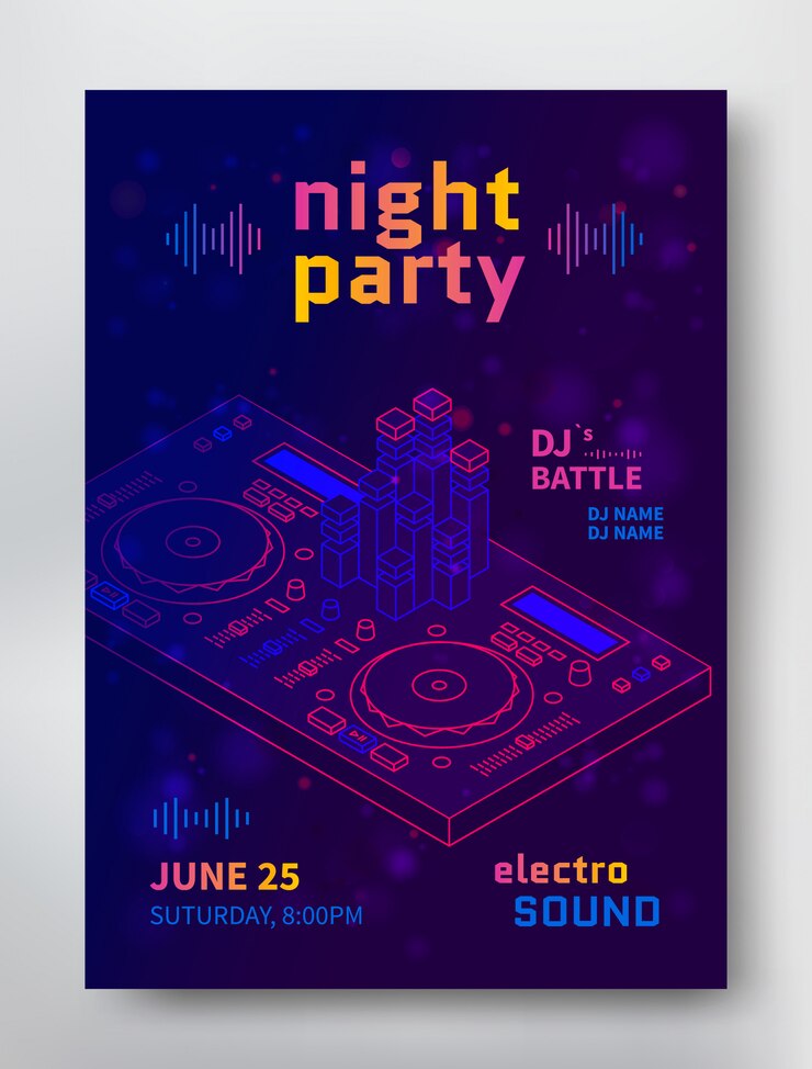 Templat poster pesta malam. Selebaran suara Electro dengan Dj battle