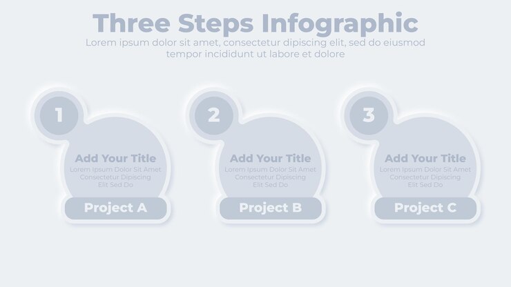 Vector templat presentasi infografis 3 langkah atau opsi bisnis neumorphic