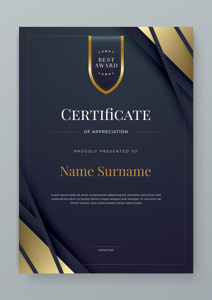 Templat sertifikat modern hitam dan emas dengan bentuk Untuk penghargaan diploma prestasi perusahaan, kelulusan, penyelesaian, apresiasi, pengakuan, dll.