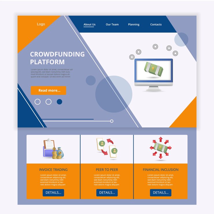 Vector templat situs web halaman arahan datar platform crowdfunding