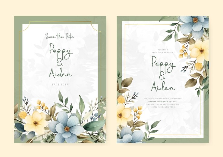 Vector templat undangan pernikahan modern frangipani biru dan kuning dengan motif floral dan bunga