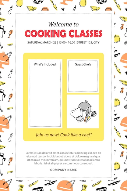 Template for invitation to cooking classes. Banner, poster with culinary courses information