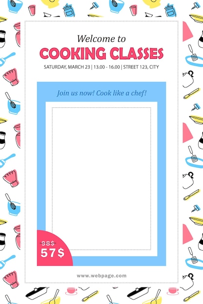 Template of invitation to cooking classes.Card with culinary courses schedule, price, white space