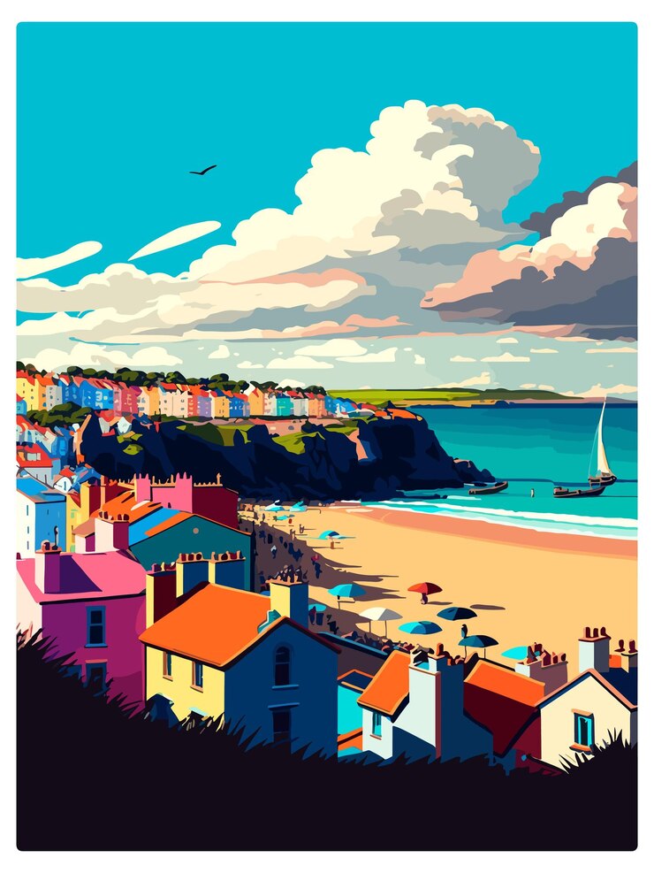 Vector tenby seascape wales vintage travel poster souvenir postcard portrait painting wpa illustration