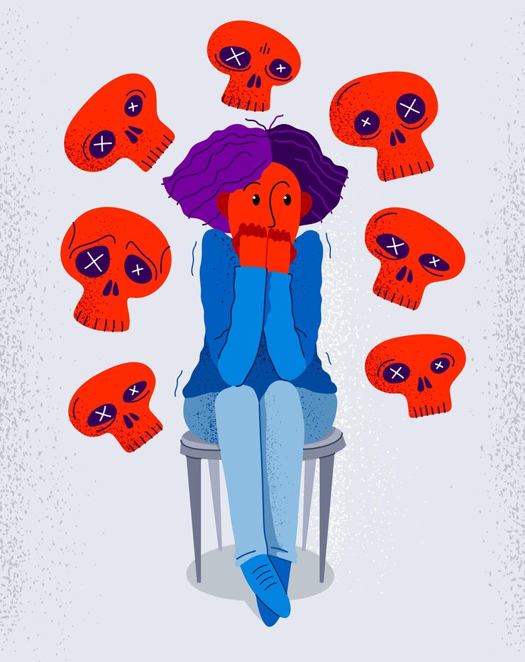 Vector thanatophobia fear of death vector illustration, girl surrounded with imaginary dead skulls in fear and panic attack, psychology and psychiatry.