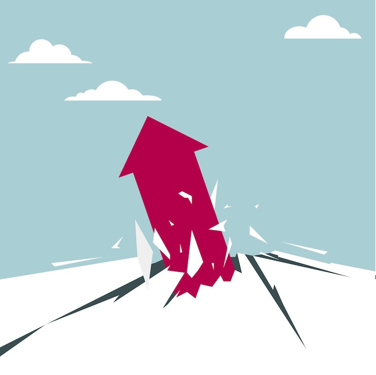 Vector the arrow symbol breaks through the ground. isolated on blue background.