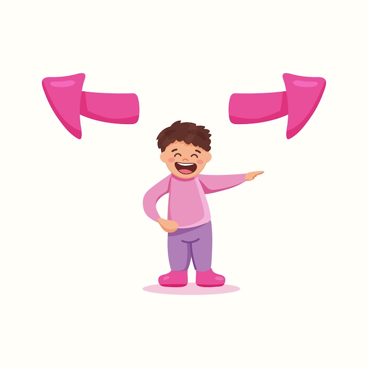 Vector the boy points to the side. vector illustration in flat style